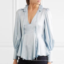 Female Blouse V Neck with Ruffled Collar Blouses and Shirt Long Lantern Sleeve Blue Blusas with Bowtie Clothing Office Lady Tops